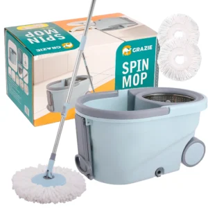 Grazie Spin Mop with Wheels – 360° Microfiber Mop, Hands-Free Wringer & Drainage Valve