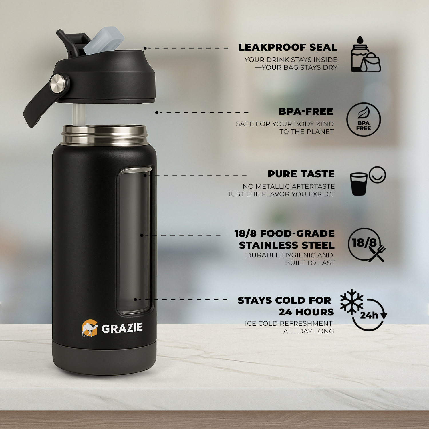 GRAZIE 18 Oz Stainless Steel Water Bottle - Image 3